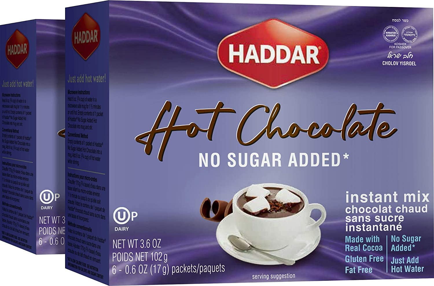 Haddar Sugar Free Instant Hot Chocolate 8oz 2 Pack, Gluten Free, Fat