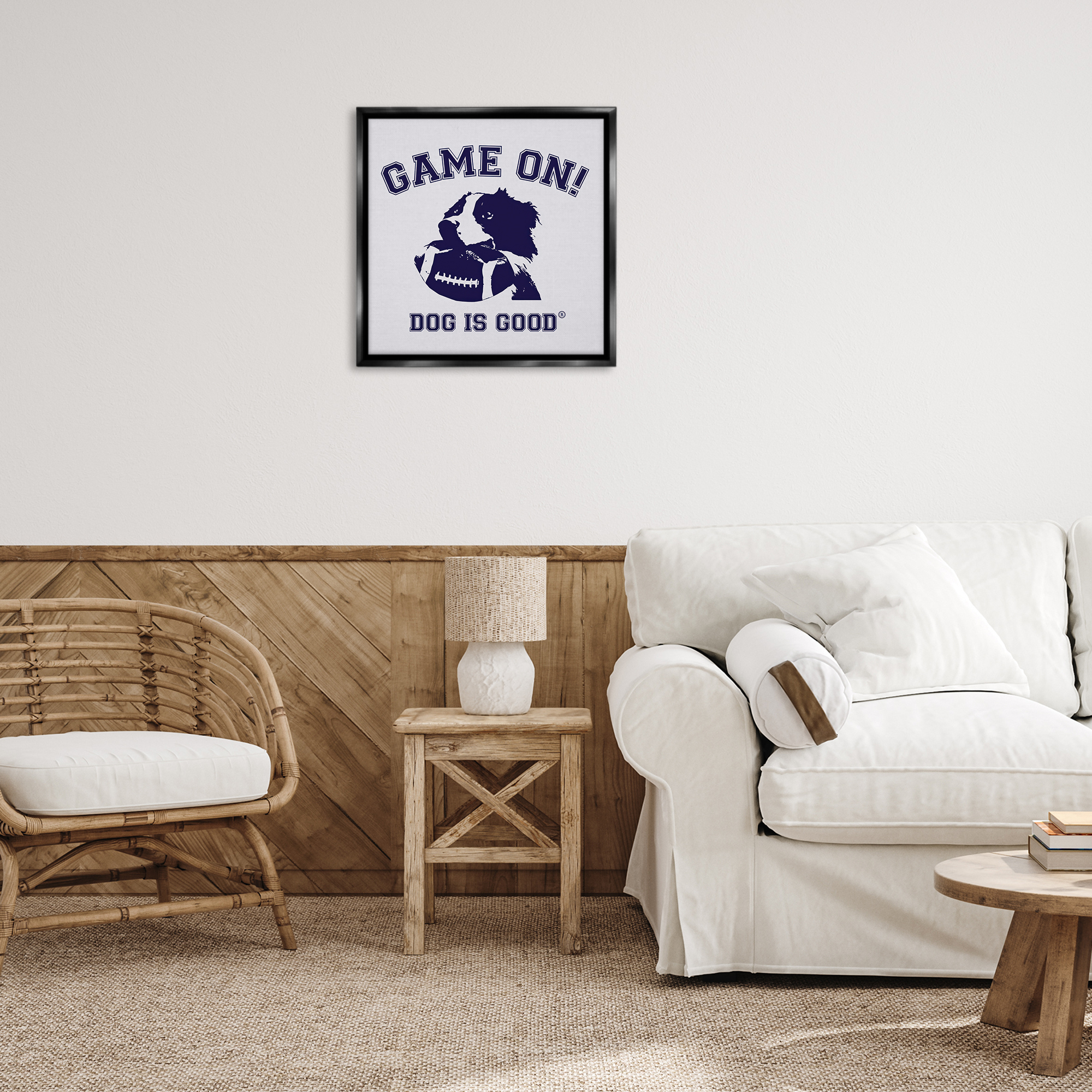 Stupell Industries Game On Dog & Football Animals Painting Black Floater Framed Canvas Art Print Wall Art, 25 x 25