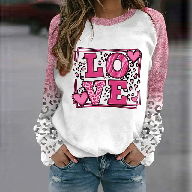 Qertyioot T-Shirt Graphique de la Saint-Valentin pour Femmes à Manches Longues, Blouse Imprimée Col Rond Tunique Décontractée