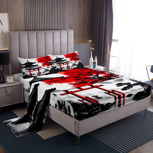 Erosebridal Japanese-Style Sheet Set Twin, Red Maple Tree Bedding Sets Twin Size, Watercolor Ink Decor 3pcs