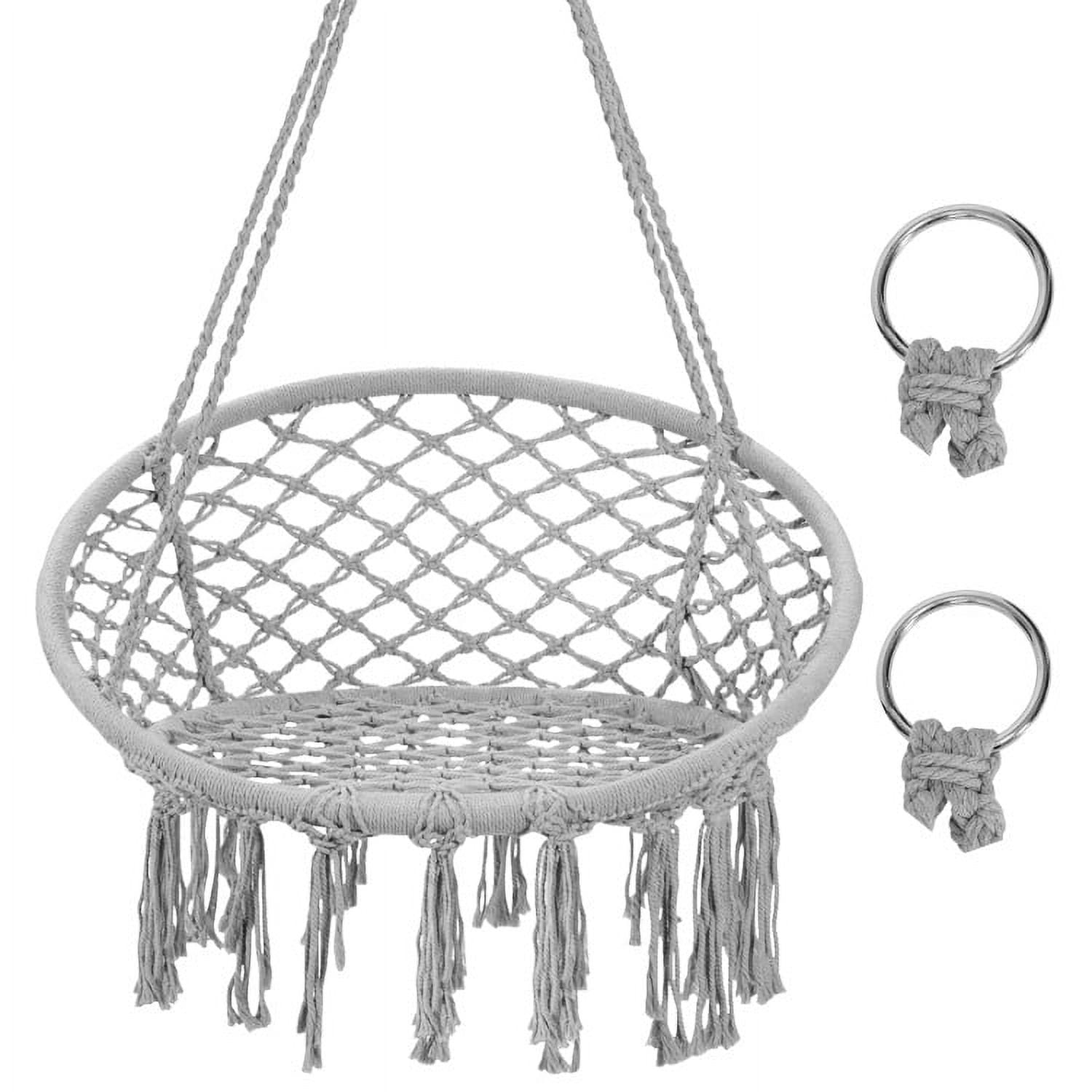 Aimee Lii Hanging Macrame Hammock Chair with Handwoven Cotton Backrest, Outdoor Deck Furniture, White