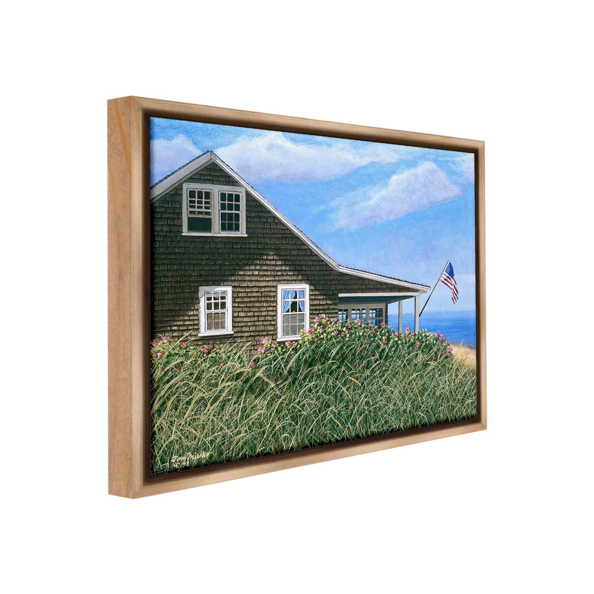 Stupell Industries Cape House with Flag Landscape Painting Brown Floater Framed Canvas Art Print Wall Art, 31 x 25