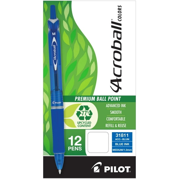 Pilot Acroball Retractable Advanced Ink Pens, Medium Point, 1.0mm, Blue Ink, 12 Pack