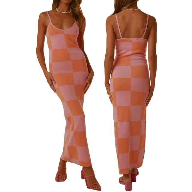 Vestido lencero Tsseiatte para mujer, con estampado de cuadros, sin mangas, tirantes finos, espalda descubierta, largo de verano