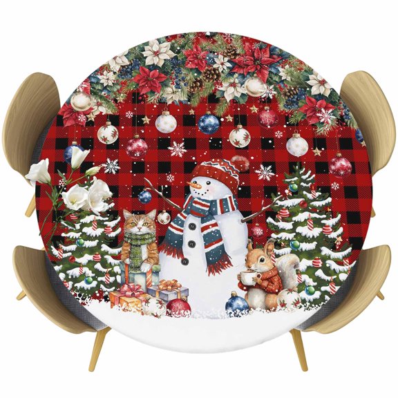 Red Buffalo Plaid Round Tablecloth, Fitted Table Cover with Elastic for 45"-54" Round Tables, Christmas Snowman Poinsettia Xmas Tree Snowflake Table Cloth Outdoor Dinning Party Waterproof Tablecloths