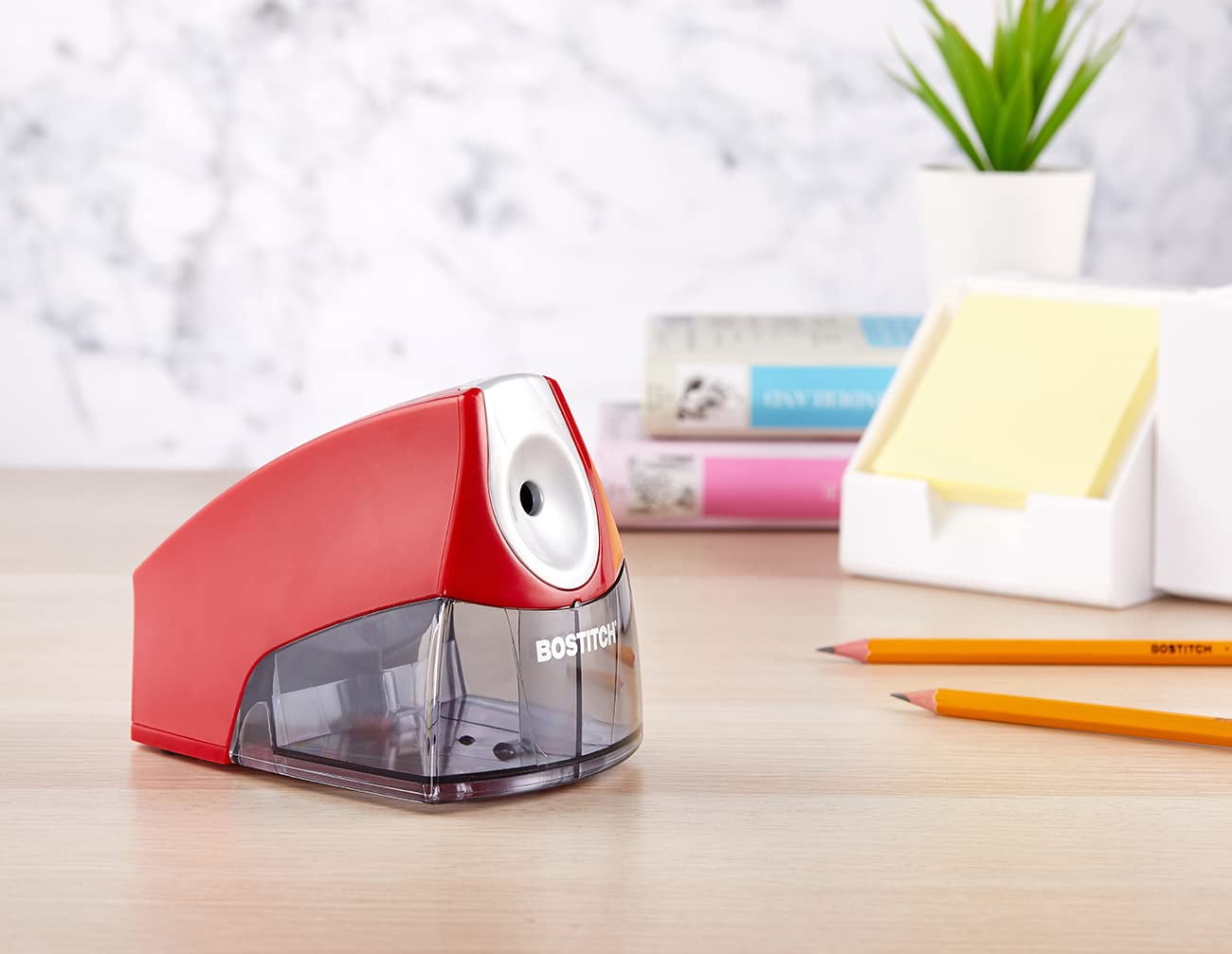 Office Electric Pencil Sharpener for Classroom & Desk Use, Heavy-Duty Stall-Free Motor, High-Capacity Shavings Tray, Red