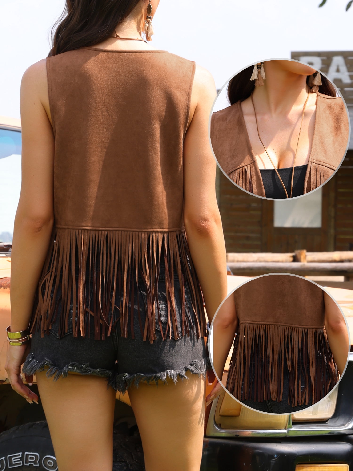 DARING DIVA Women's Tassel Fringe Outfits Faux Suede Sleeveless Jacket XS Brown