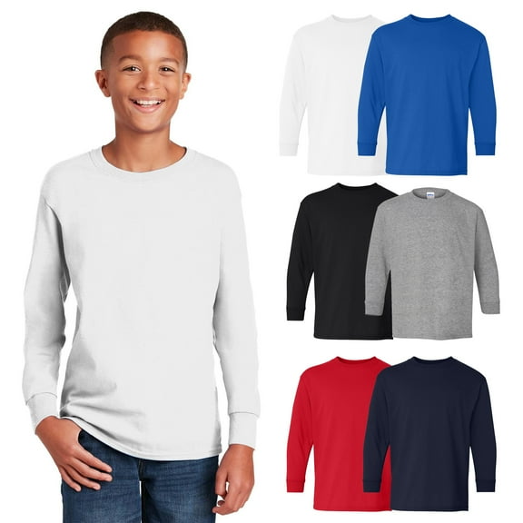Gildan Heavy Cotton Youth Long Sleeve T-Shirt, Kids Crew Neck Assorted Tee, Unisex, XS, Mix 6 Pack