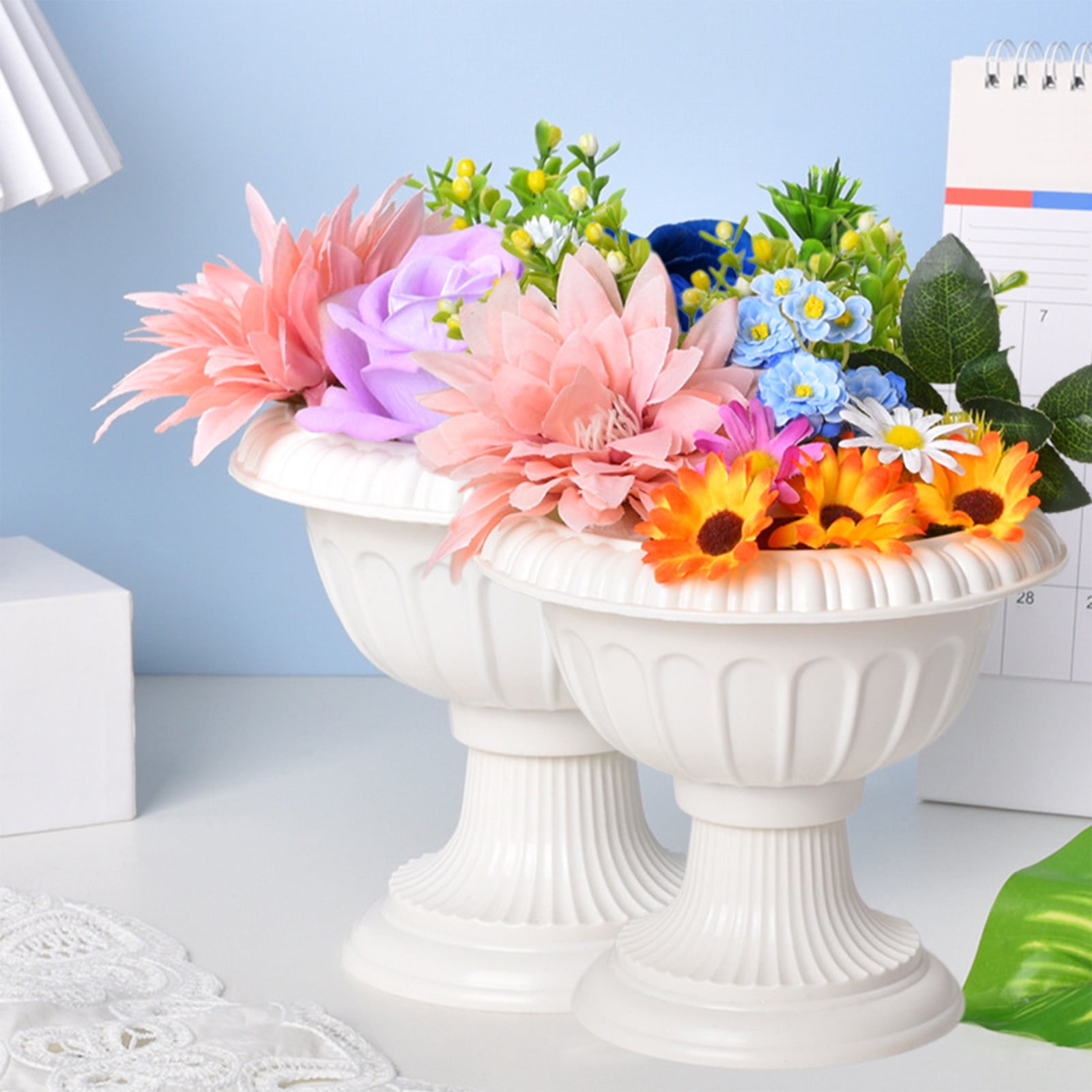 Plastic Flower Pot Roman Style er for Artificial Flowers Fake Home Decor Gardening Container White Decorative Pot for Indoor Outdoor Use 6.2x6.2x5.5 Inch