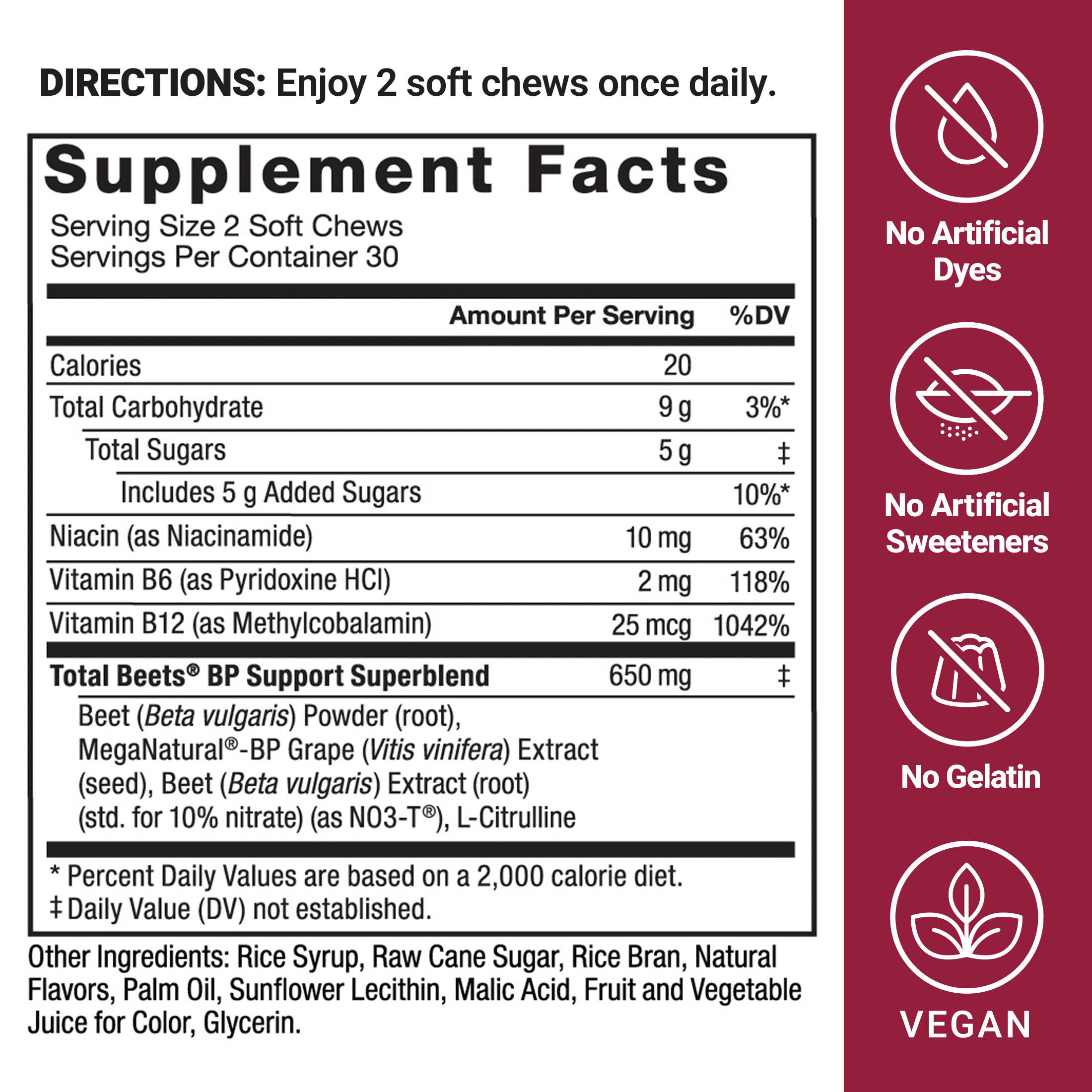 (2 pack) Force Factor Total Beets Blood Pressure Support, Beet Root Supplement for Nitric Oxide, Circulation, Heart Health & Energy, Acai Berry, 60 Soft Chews
