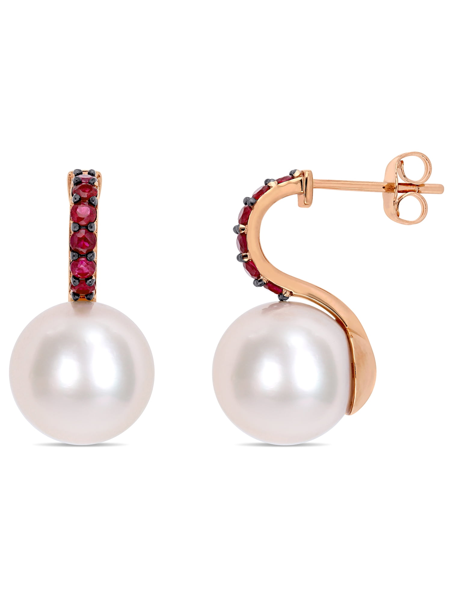 Round Red Ruby 2mm White Baroque Pearl Gold Plate 925 Sterling Silver Earrings 
