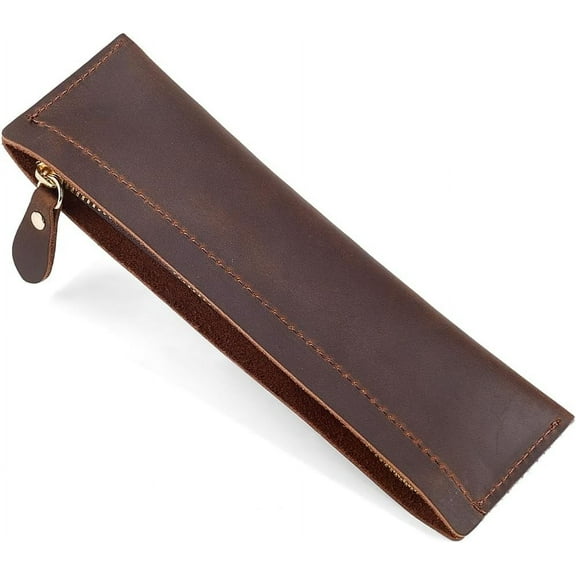 Crazy Horse Cowhide Leather Pencil Case Rectangular Vintage Pen Bag with Zipper Closure Real Leather Pencil Pouch Genuine Leather Fountain Pen Holder
