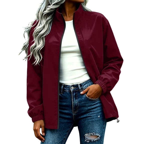 Edvintorg Windbreaker Jacket Women Lightweight Outdoor Long Sleeve Loose Casual Zip Up Coat Women's Clothing Wine S