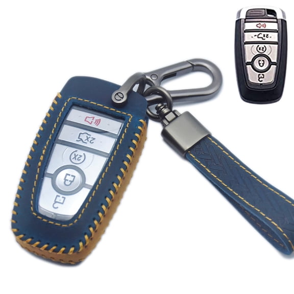 YUBOMT for Ford Key Fob Cover,Genuine Leather Key Case with Keychain for Ford F150 F250 F350 F450 F550 Explorer Expedition Escape Mustang Ecosport,Blue