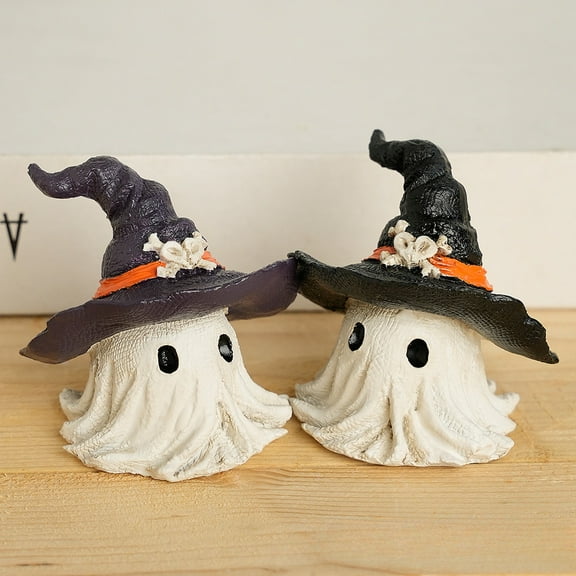 Fwttom Halloween Ghosts Figurine, Cute Halloween Decor Resin Crafts Ornaments Adorable Spooky Friendly Ghost Statue with Witch Hat for Halloween Decorations Indoor