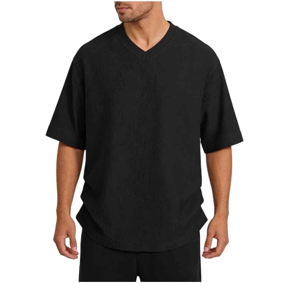 Mens Textured V Neck T-Shirts Casual Elbow Length Short Sleeve Oversized Baggy T-Shirts Summer Streetwear Hipster Tee Tops Quick Dry Breathable Pullover for Beach Vacation Plus Size