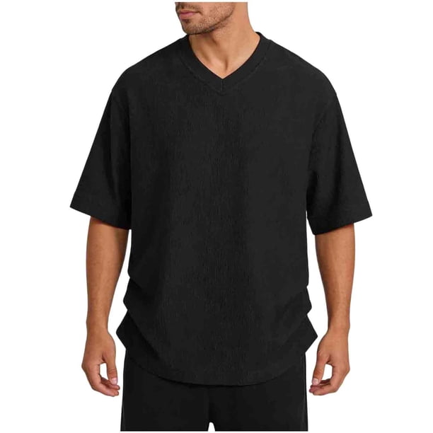 Camiseta de Manga Corta Color Sólido Casual Suelto Transpirable Cuello en V Top para Hombres