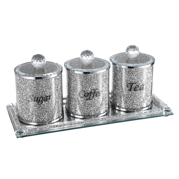 JUXYES Ensemble de 4 Boîtes en Verre Scintillant avec Diamants Écrasés pour Sucre Café Thé avec Plateau, Ensembles de Conteneurs de Rangement Luxueux avec Couvercles Décoratifs