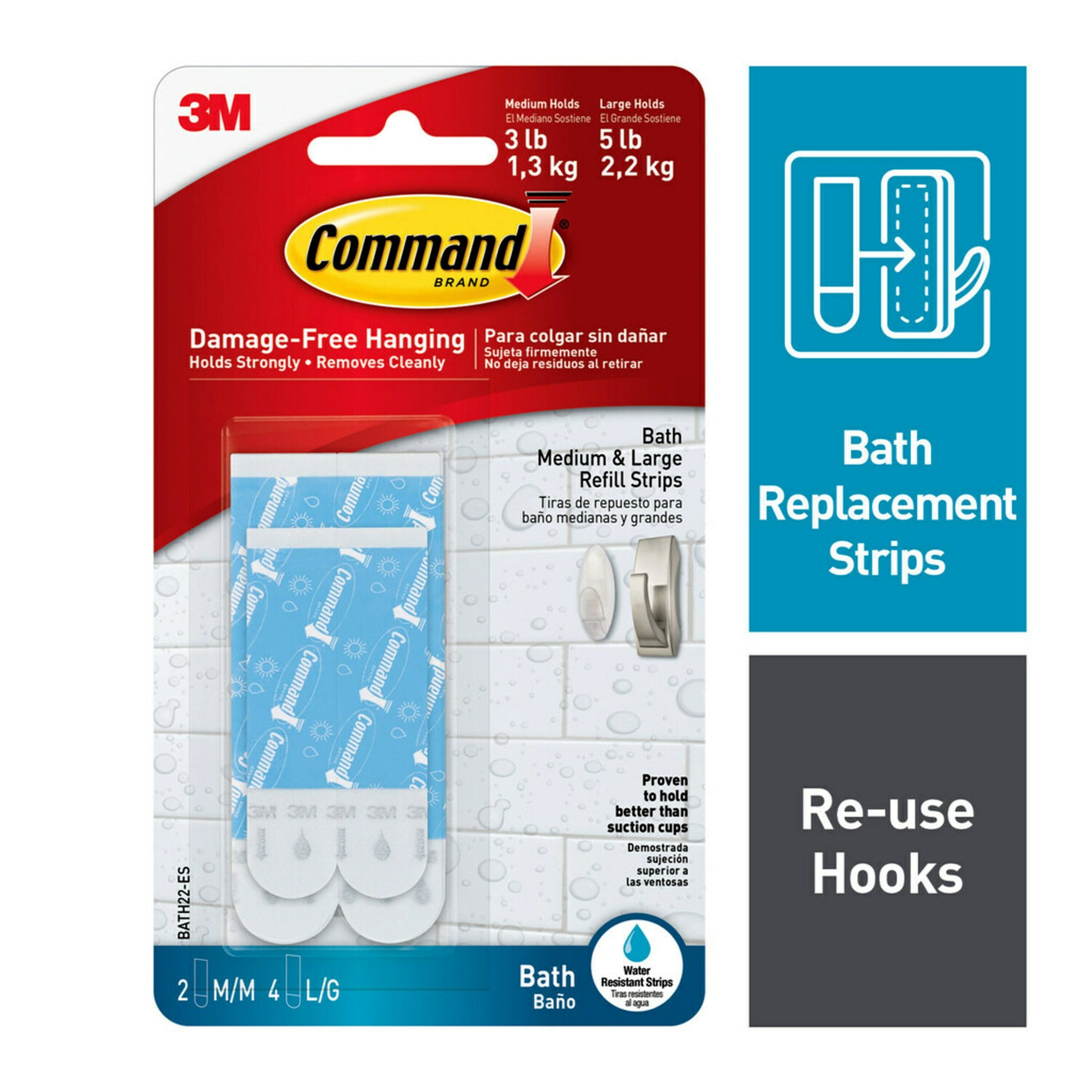 (3 pack) Command Bath Refill Strips, Water Resistant, Clear, 2 Medium and 4 Large, Adhesive Strips for Hooks