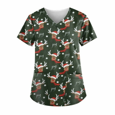 

Christmas Print Scrub Tops for Women Breathable Santa Claus Snowman Pattern V-Neck T-Shirts Tee Tops with Pockets