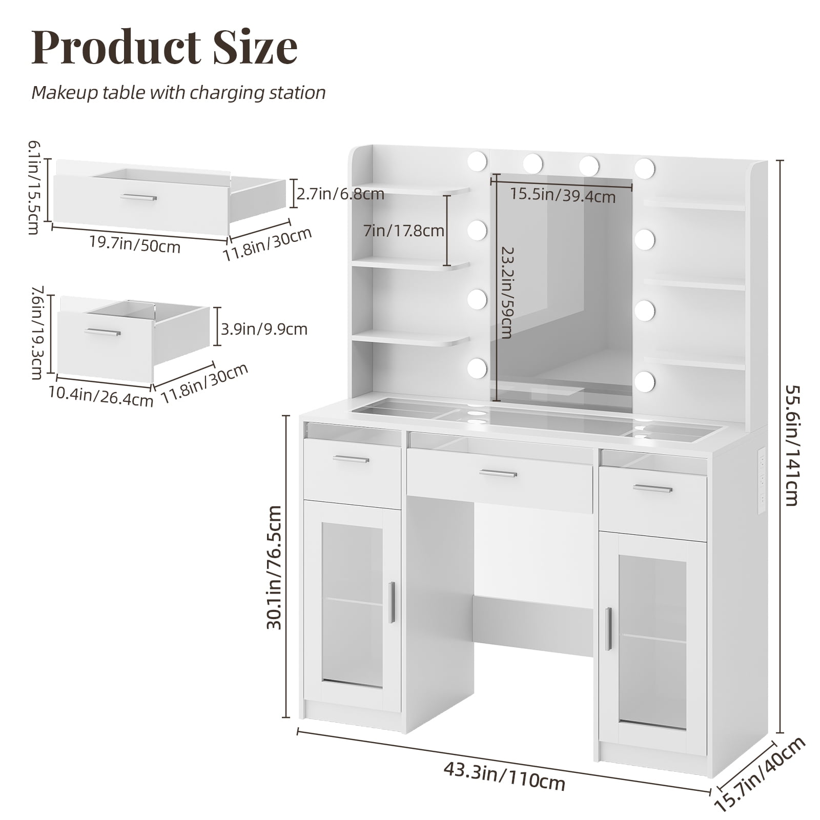 TOMNK Vanity Desk with Mirror and Lights, Transparent Top, 3 RGB Drawers, Shelves & Cabinets, White