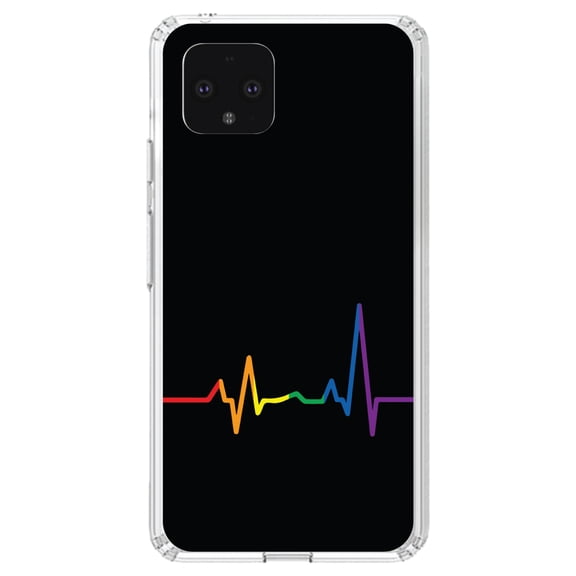 DistinctInk Clear Shockproof Hybrid Case for Google Pixel 4 XL (6.3" Screen) - TPU Bumper, Acrylic Back, Tempered Glass Screen Protector - Rainbow Pulse Heart Beat - Show Your LGBTQ Support