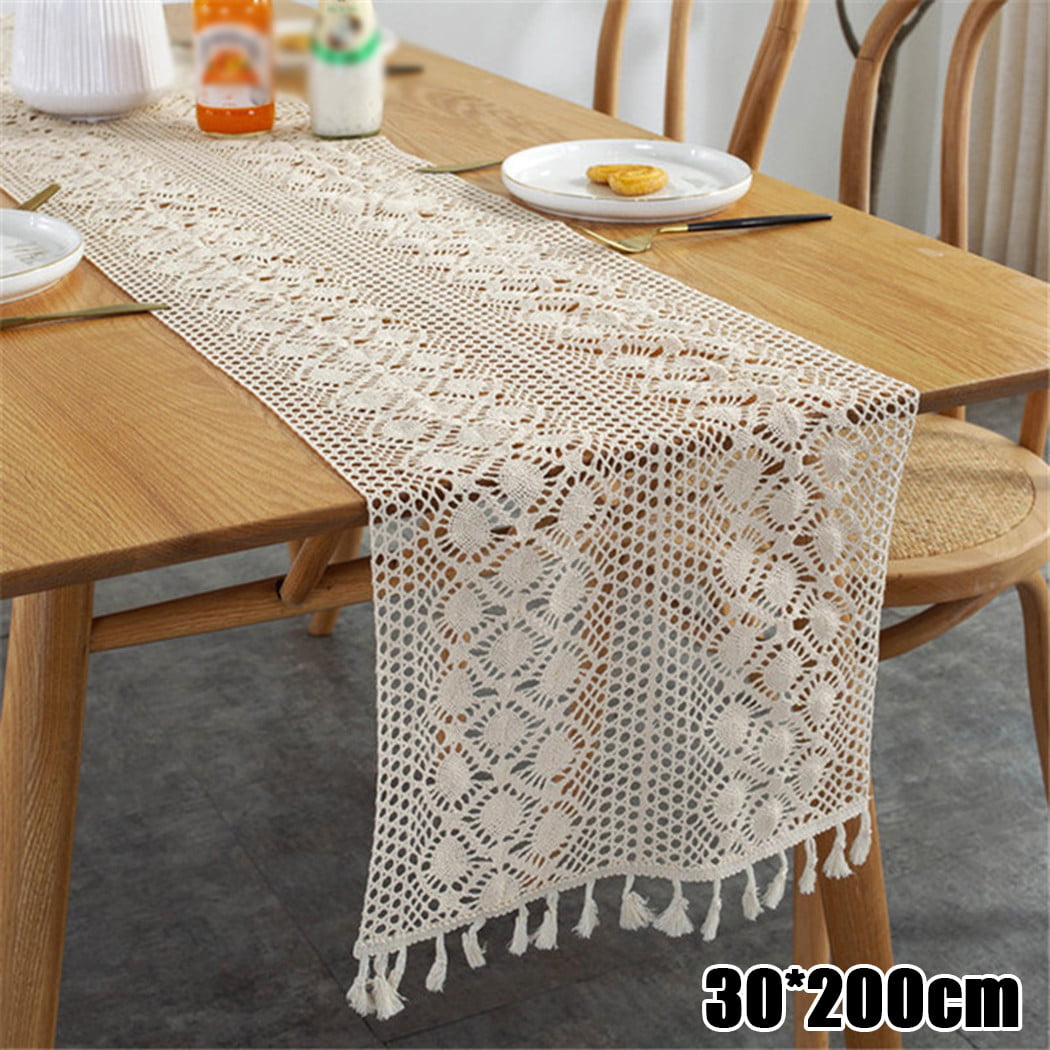Handmade Crochet Beige Table Runner Macrame Lace Tablecloth Doily Rectangle 