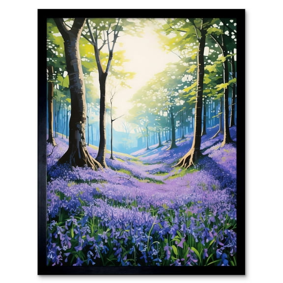 Bluebell Forest Sunshine Vibrant Artwork Purple Blue Flowers Early Morning Serene Landscape Art Print Framed Poster Wall Decor 12x16 inch