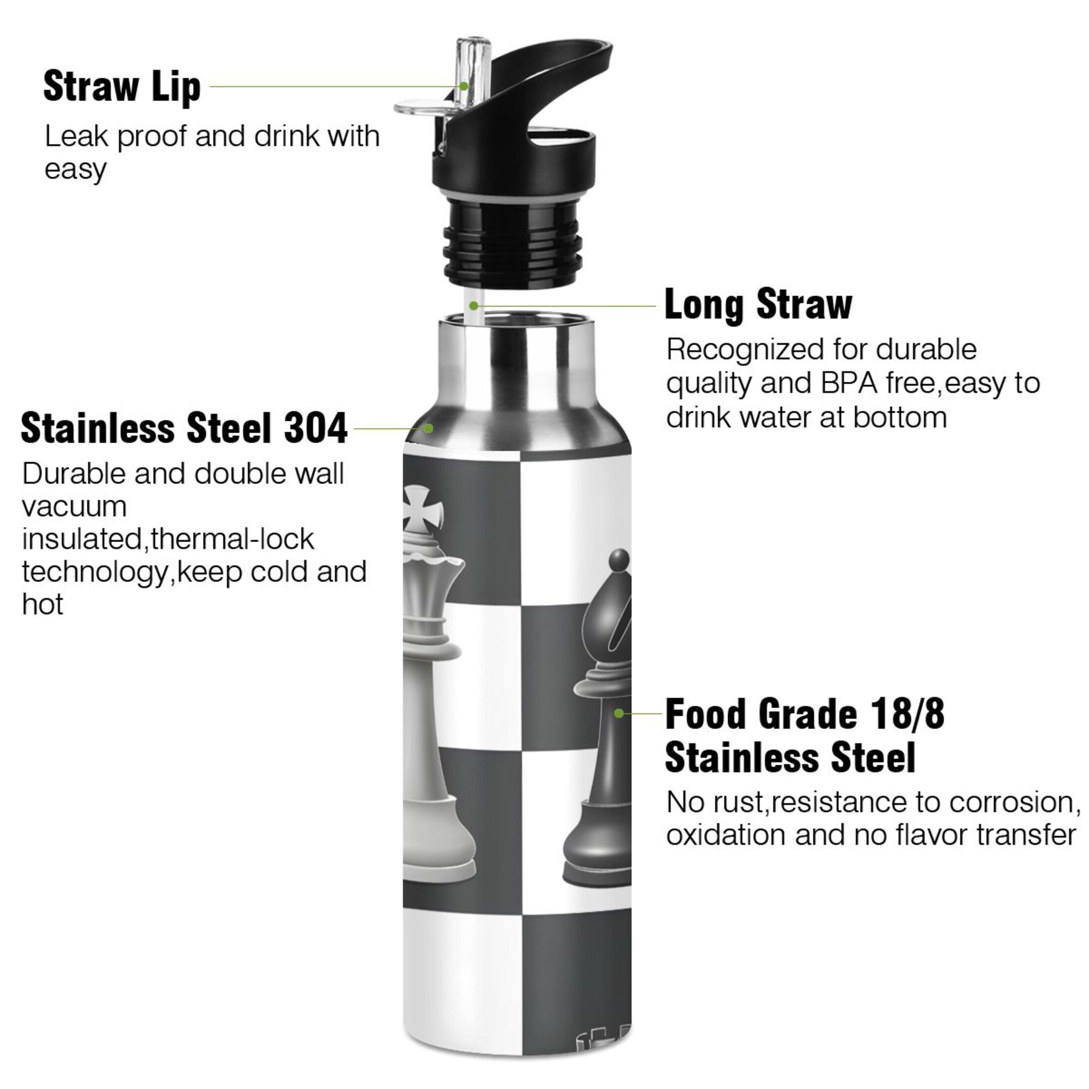 OREZI Stainless Steel Water Bottle Chess Pieces and Board 34oz/1000ml Double Wall Vacuum Insulation Leakproof for Sports Travel