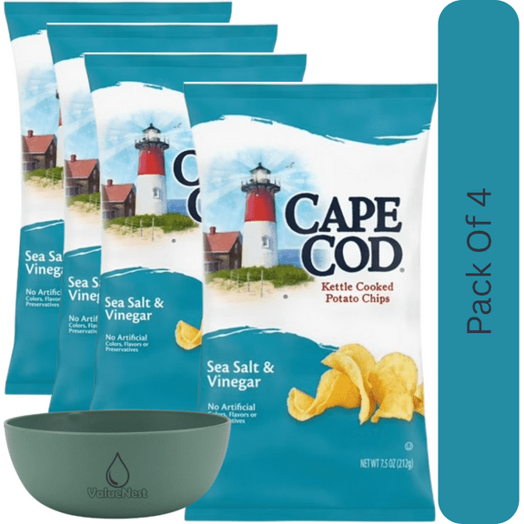 Cape Cod Kettle Cooked Potato Chips Sea Salt & Vinegar, 7.5 oz Bag With Olive Green Bowl By ValueNest