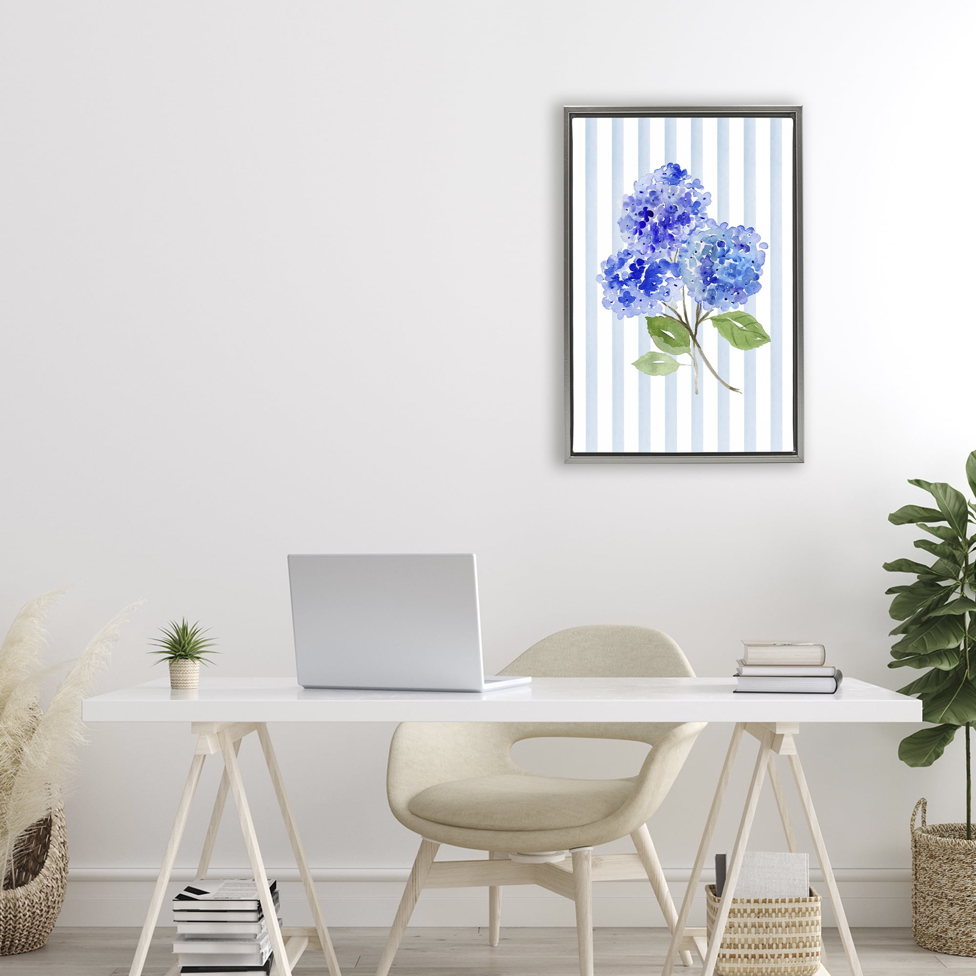 Stupell Industries Blue Hydrangeas over Stripes Gray Framed Floater Canvas Wall Art, design by Corinne Haig
