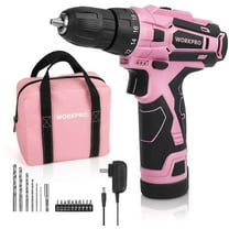 WORKPRO Pink Cordless Drill Driver Set, 12V Electric Screwdriver Driver Tool Kit for Women, 3/8" Keyless Chuck, Charger and Storage Bag Included - Pink Ribbon
