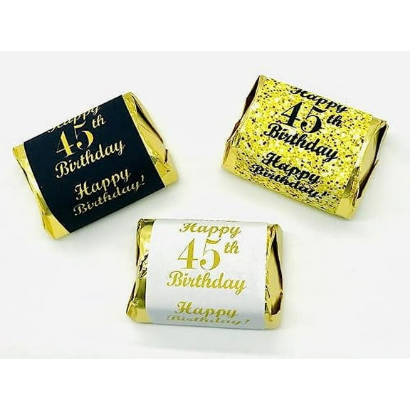 45th Birthday Nuggets Labels, Chocolate Candy Wrapper, (Set of 90) Candy Stickers; 3 Designs: 30 Gold, 30 Black, 30 White, Candy Not Included