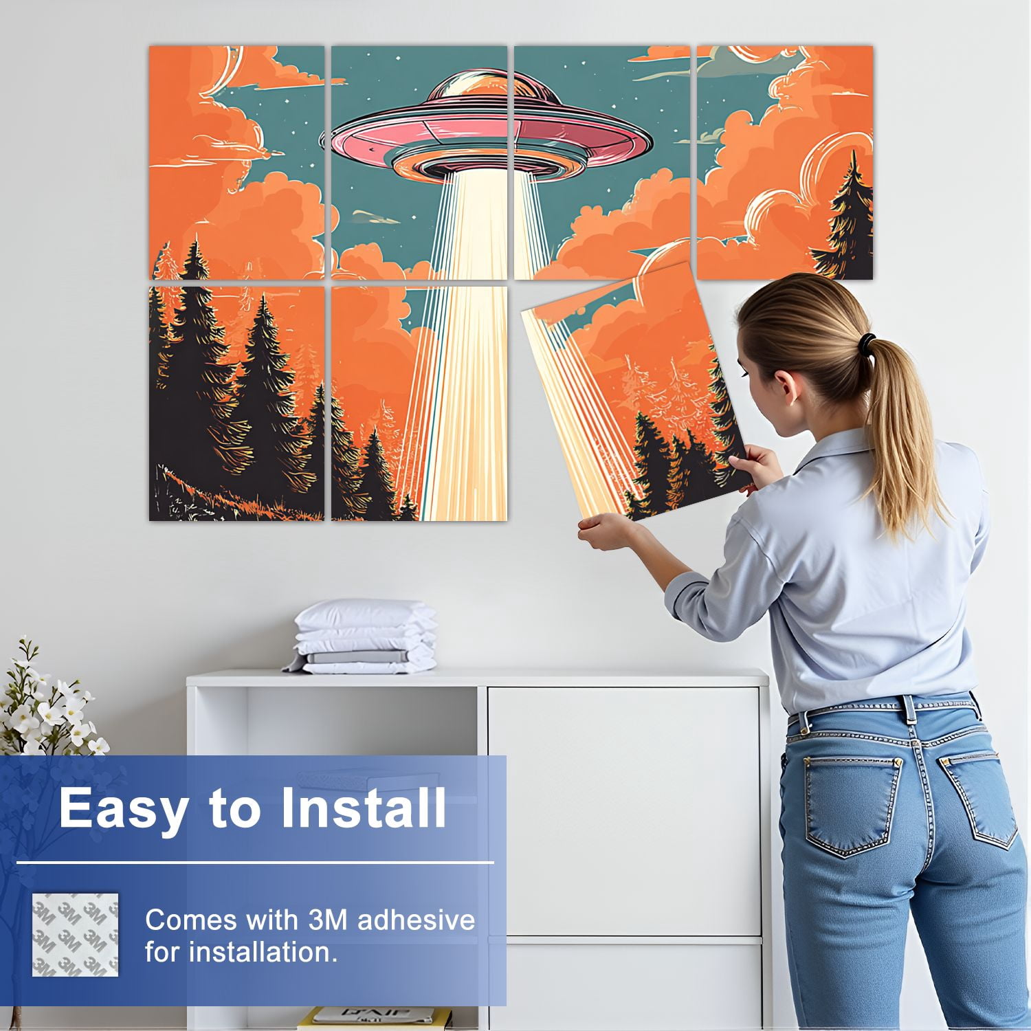 8 Pack Art Acoustic Panels UFO Beam Forest Sunset Retro Art Style Self Adhesive Sound Absorbing Panels for Home Office Studio Media Room 48"x32"
