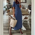 thumbnail image 4 of Women's Casual Dress Women's Summer Stripe Maxi Dress Short Sleeve V Neck Casual Loose Long Beach Split Dresses for Style, 4 of 6