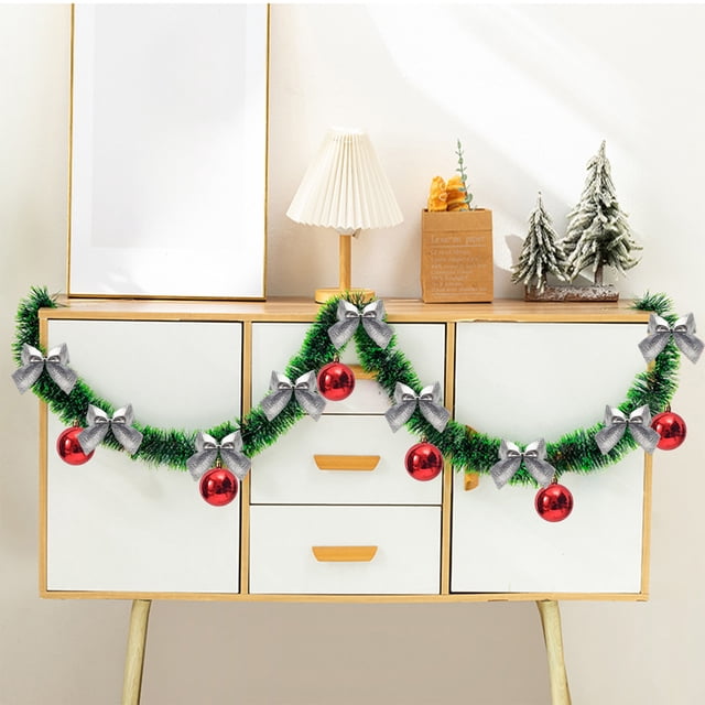 Christmas Ribbon Garland with Drawstring and Pompoms, 2M Floral Rope Decoration for Tree and Window, Festive Decorative Rattan for Stair Railing, Door, and Fireplace Holiday Setup