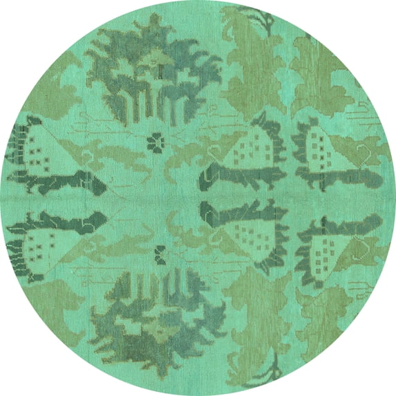 Ahgly Company Machine Washable Indoor Round Oriental Turquoise Blue Modern Area Rugs, 8' Round