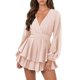 thumbnail image 1 of Vestido con cuello en V profundo Mangas de doble capa Dobladillo con volantes Corto Una pieza con cinturón XBTCLXEBCO Rosa, Grande, 1 of 5