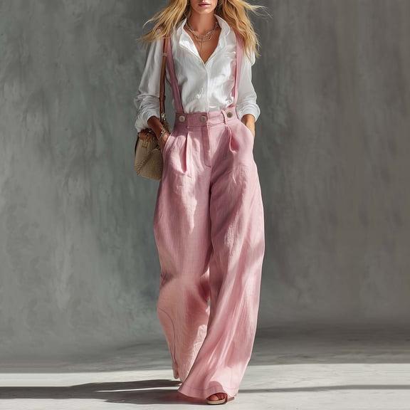 Women's Solid Color Button Front Suspender Jumpsuit Casual One Piece Overalls Pink S