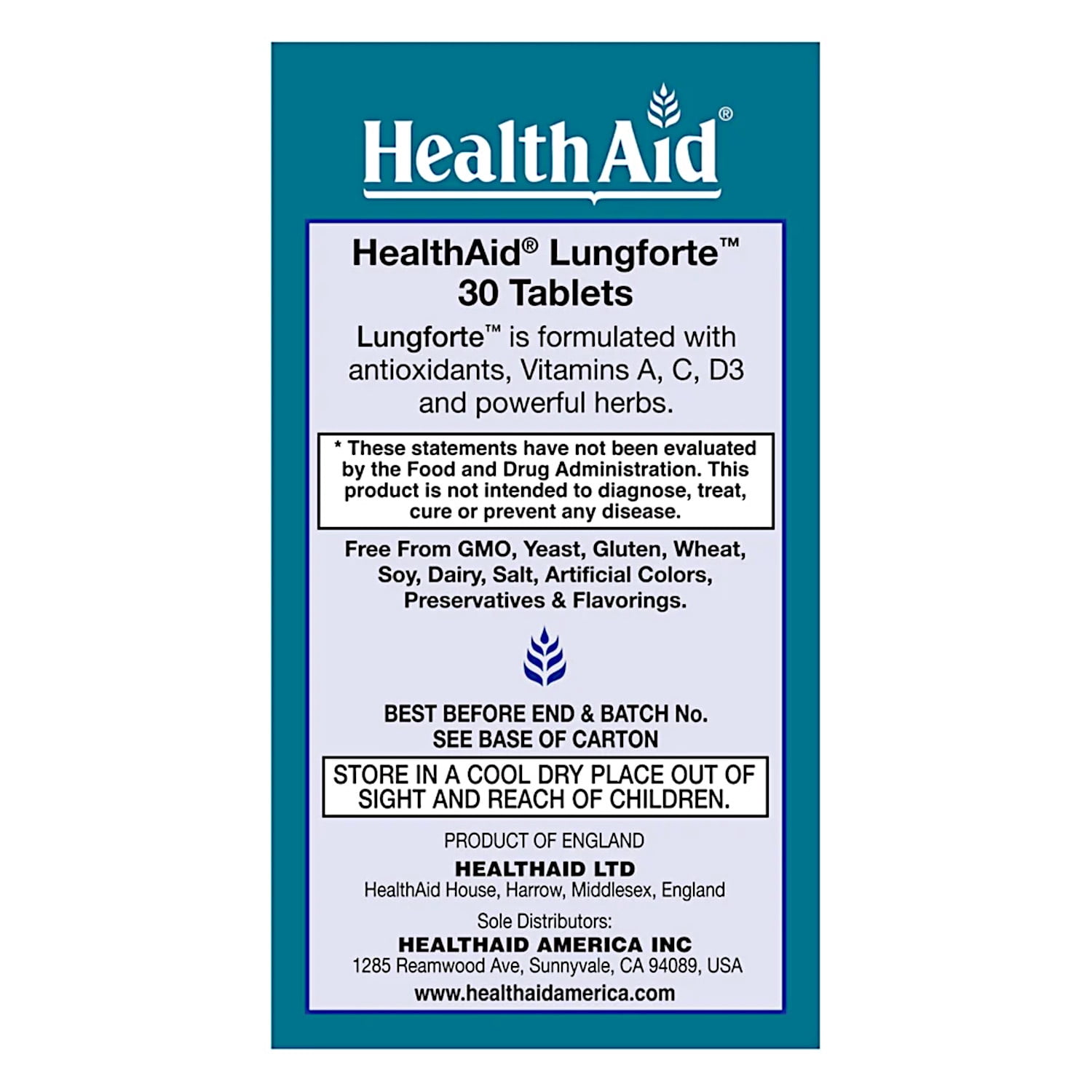 HealthAid LungForte, with NAC, Resveratrol, Thyme & Olive Leaf, Respiratory Support*, 30 Vegetarian Tablets