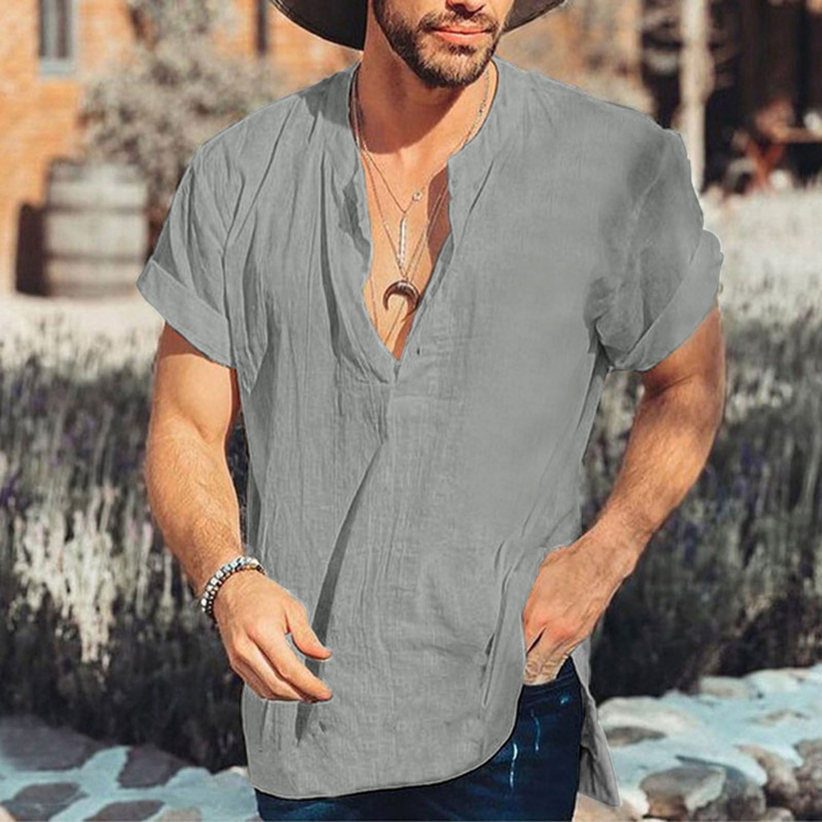 B91Xz Big And Tall Shirts for Men Mens Buckle Lapel Short Sleeved
