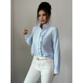 thumbnail image 3 of Women'S Button Down Shirt Stand Collar Ruffle Top Striped Long Sleeve Shirts Work Tops for Women Trendy Blue S, 3 of 5
