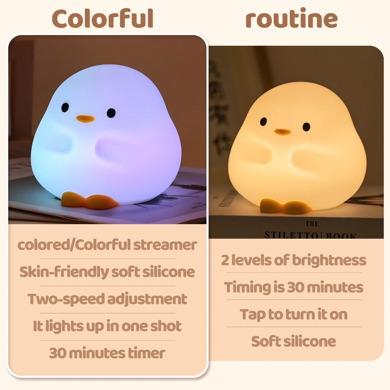 Duck Night Light, Color Changing Mode & 50-Hour Battery, Squishy Silicone Lamp for Kids Room, USB Rechargeable with Timer, Easter Gifts