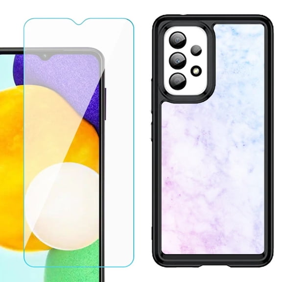 Shockproof Bumper (Black Frame) phone Case for Samsung Galaxy A23 5G, with Tempered Glass Screen Protector, by OneToughShield ® - Marble Pink/Blue