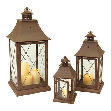 Melrose Cottage Style Decorative Candle Holder Lanterns, Brown (Set of 3)