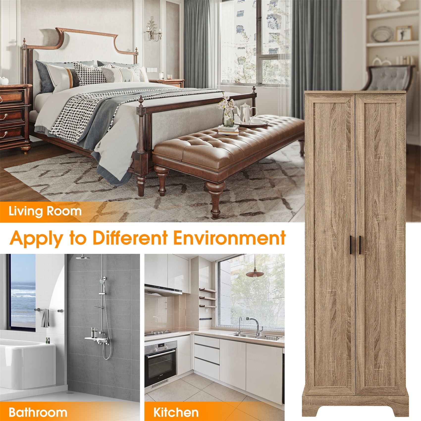Alvantor 70" Storage Cabinet with Adjustable Shelf, Freestanding Wooden Bathroom Cabinet for Bathroom Living Room Brown