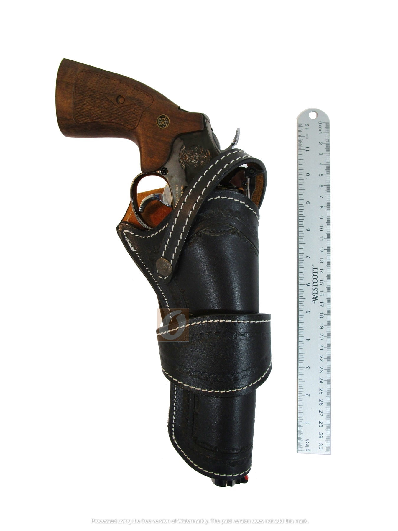 Leather Holster Long Barrel Western Gun Cover Spikes Tooled Black - Right Handed