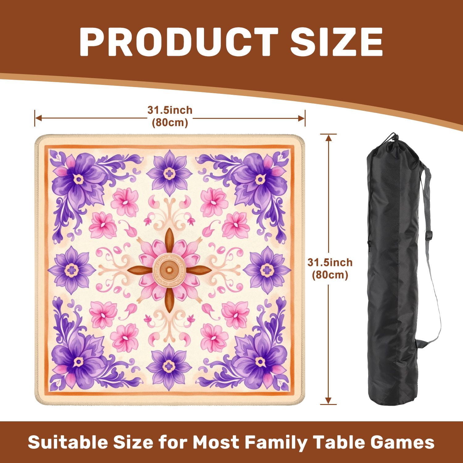 Mahjong Mat 31.5" x 31.5" Floral Mandala Pink Purple Flowers Ornate Details Non-Slip Noise Reduction American Mahjong Tiles Table Cover for Dominoes Poker Card Board Games Gift