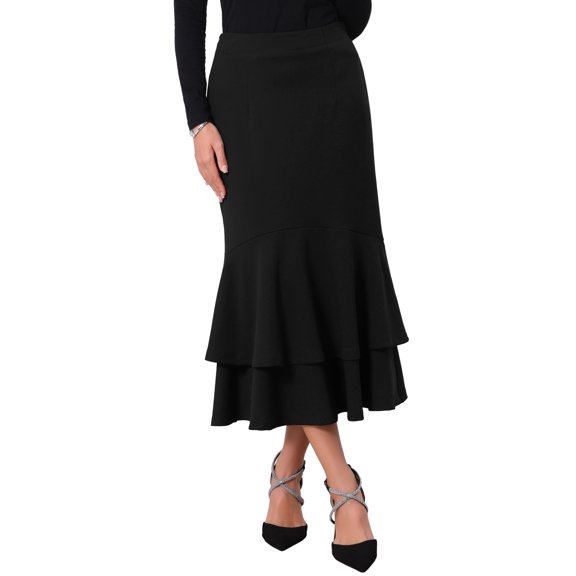 INSPIRE CHIC Women's Ruffle Fishtail Skirt High Waist Bodycon Elegant Cocktail Skirts S Black