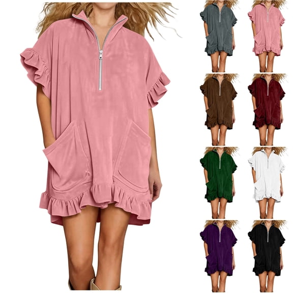 ShomPort Womens Summer Sweatshirt Dress Oversized Ruffle Cap Sleeve Half Zip V Neck Casual Mini Dresses with Pockets